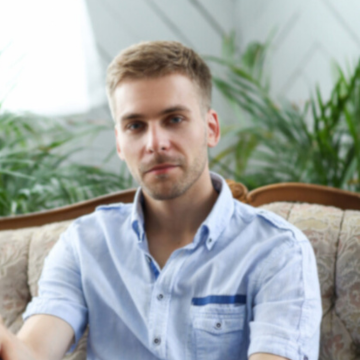 a man in a blue shirt